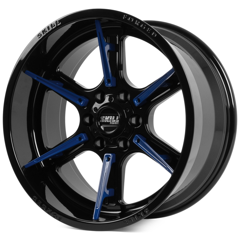 Легковой диск Skill Wheels SD102 10x20 6x139,7 ET-18 77,8 чёрный глянцевый + синие спицы